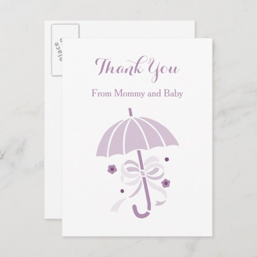 かわいい紫の傘と弓の赤ちゃんシャワーありがとう 案内ポストカード (正面/裏面)