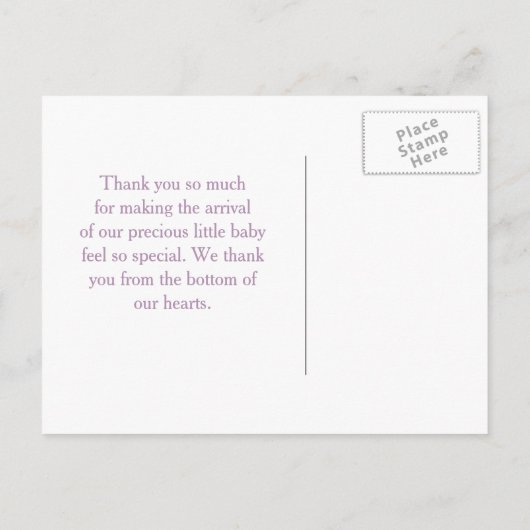 かわいい紫の傘と弓の赤ちゃんシャワーありがとう 案内ポストカード (裏面)