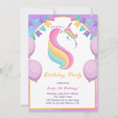 かわいい紫の少女ユニコーン誕生日パーティー 招待状 (正面)