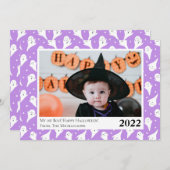 かわいい紫の幽霊ハロウィンフォトカード 案内状 (正面/裏面)
