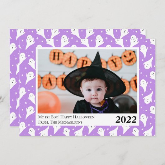 かわいい紫の幽霊ハロウィンフォトカード 案内状