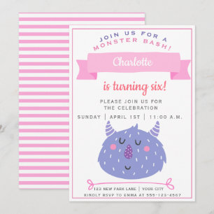 かわいい紫の怪物 Monster Bash Girls誕生日 招待状
