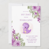 かわいい紫の恐竜の花の女の子のベビーシャワー 招待状 (正面)
