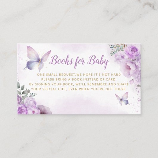かわいい紫の本ベビー蝶の赤ちゃんシャワー エンクロージャーカード (正面)