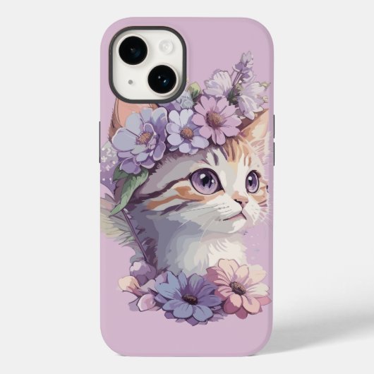 かわいい紫の水彩花の猫 - Flora Case-Mate iPhoneケース (裏面)