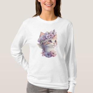 かわいい紫の水彩花の猫 - Flora Tシャツ
