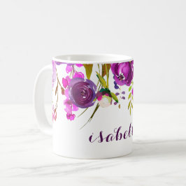 かわいい紫の水彩花模様のカップ/ コーヒーマグカップ