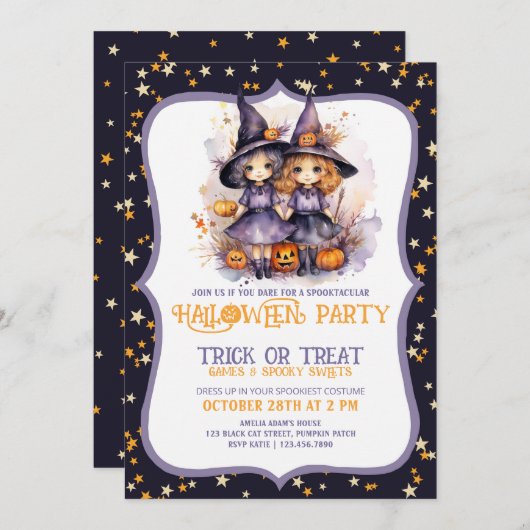 かわいい紫の水彩魔女2 招待状 (正面/裏面)
