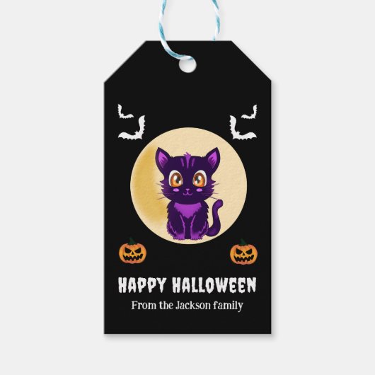 かわいい紫の猫の子どもハローウィンパーティ ギフトタグ (正面)