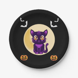 かわいい紫の猫の子どもハローウィンパーティ ペーパープレート