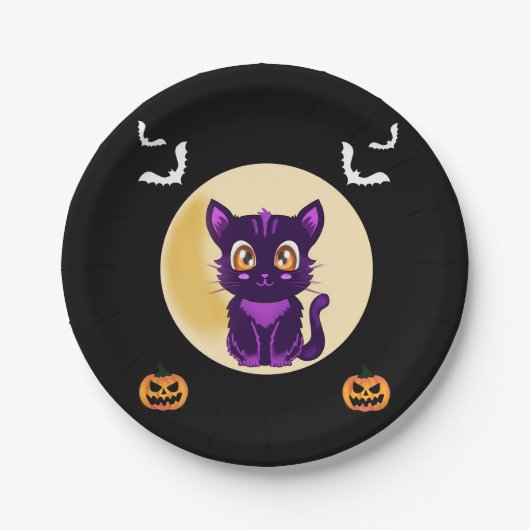 かわいい紫の猫の子どもハローウィンパーティ ペーパープレート (正面)