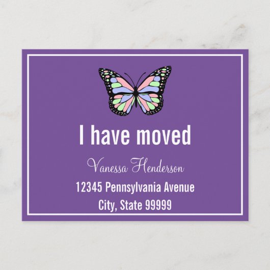 かわいい紫の白い蝶々の動くアナウンス ポストカード (正面)