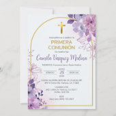 かわいい紫の花のファーストコミュニオン招待状 招待状 (正面)