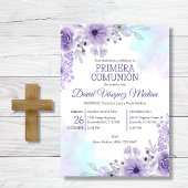かわいい紫の花の最初の聖体拝領の招待状 招待状