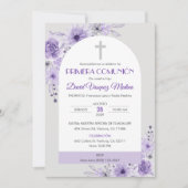 かわいい紫の花の第一聖体拝領の招待状 招待状 (正面)