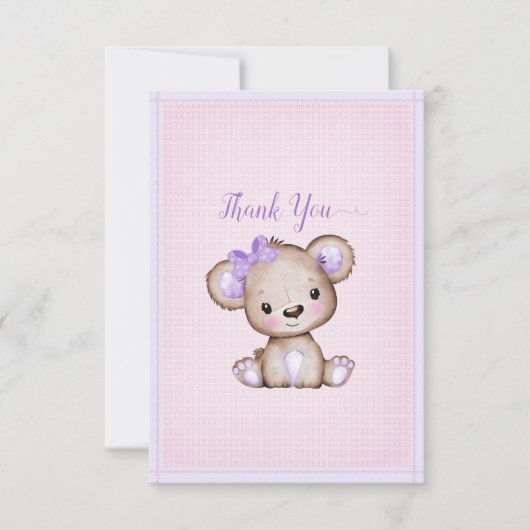 かわいい紫の茶色のクマ赤ちゃんシャワーありがとう サンキューカード (正面)