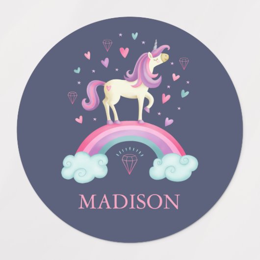 かわいい紫の虹の一角学校 ラベル (デザイン1)