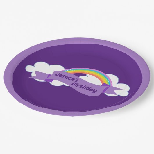 かわいい紫の虹の誕生会ガーリー ペーパープレート (アングル)