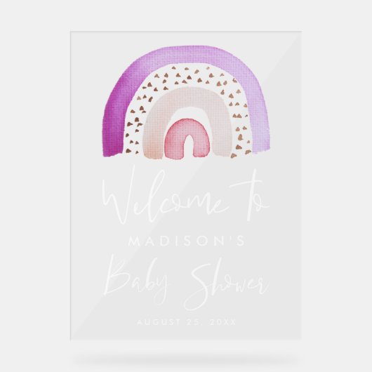 かわいい紫の虹の赤ちゃんシャワーへようこそ アクリルサイン (正面)