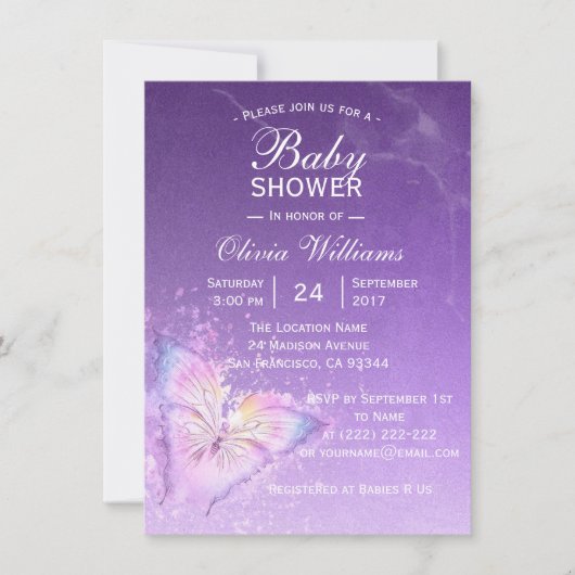 かわいい紫の蝶の赤ちゃんシャワーテンプレート 招待状 (正面)