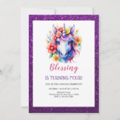 かわいい紫の赤いグリッターユニコーン誕生日 招待状 (正面)