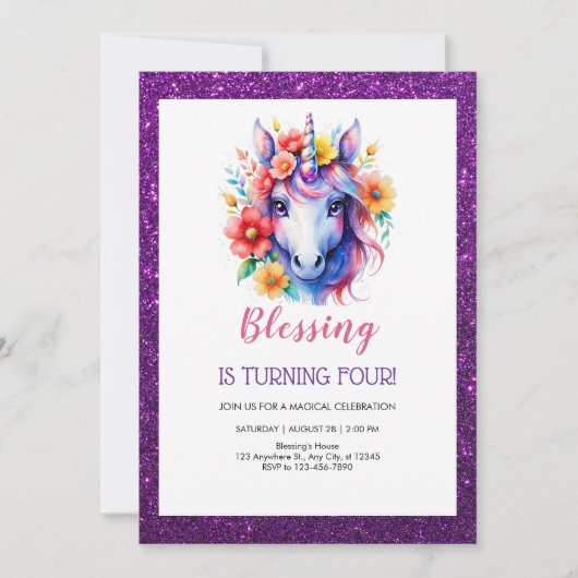 かわいい紫の赤いグリッターユニコーン誕生日 招待状 (正面)
