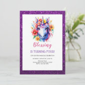 かわいい紫の赤いグリッターユニコーン誕生日 招待状 (スタンド正面)