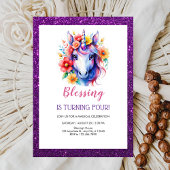 かわいい紫の赤いグリッターユニコーン誕生日 招待状