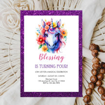 かわいい紫の赤いグリッターユニコーン誕生日