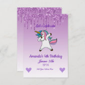 かわいい紫の輝くユニコーンの誕生日デザイン 招待状 (正面/裏面)