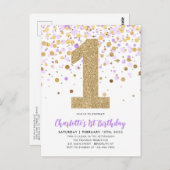 かわいい紫の金ゴールドグリッター紙吹雪1st誕生日 ポストカード (正面/裏面)