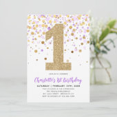 かわいい紫の金ゴールドグリッター紙吹雪1st誕生日 招待状 (スタンド正面)