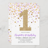 かわいい紫の金ゴールドグリッター紙吹雪1st誕生日 招待状 (正面/裏面)