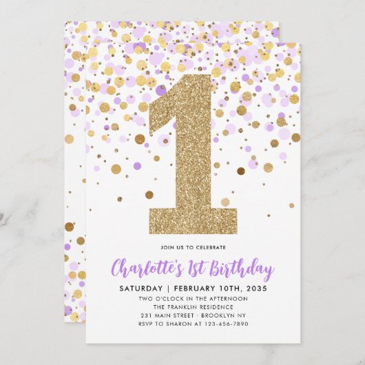 かわいい紫の金ゴールドグリッター紙吹雪1st誕生日 招待状 (正面/裏面)