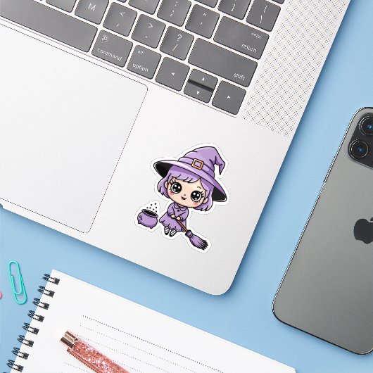 かわいい紫の魔女ハロウィンステッカー シール (ノートパソコンとiPhone)
