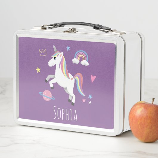 かわいい紫の魔法のユニコーンと名前の子供たち メタルランチボックス (インサイチュ)