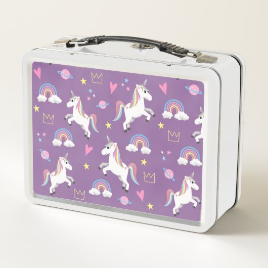 かわいい紫の魔法のユニコーンと名前の子供たち メタルランチボックス (裏面)