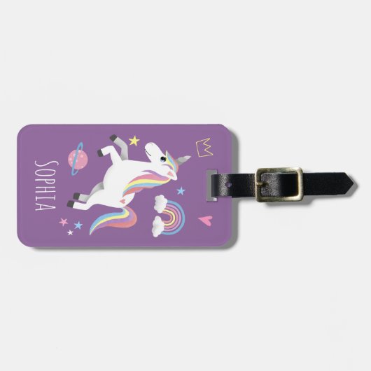かわいい紫の魔法のユニコーンと名前の子供たち ラゲッジタグ (正面横)