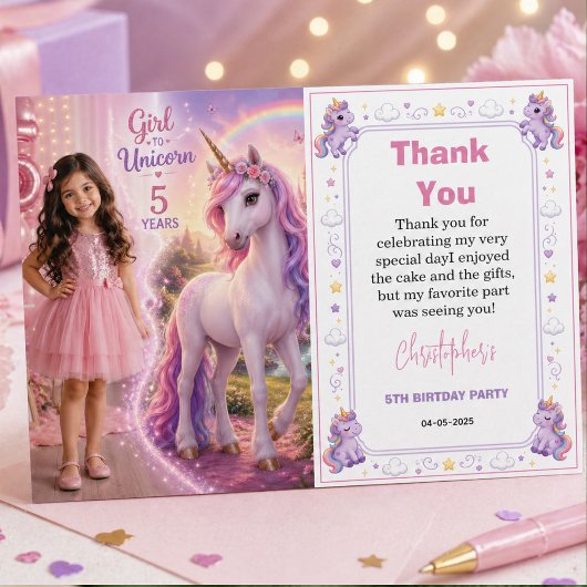 かわいい紫の魔法のユニコーンの女の子の5歳の誕生日 サンキューカード