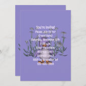 かわいい紫の鳥とデイジーの動物パーティー 招待状 (正面/裏面)