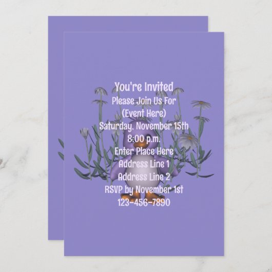 かわいい紫の鳥とデイジーの動物パーティー 招待状 (正面/裏面)