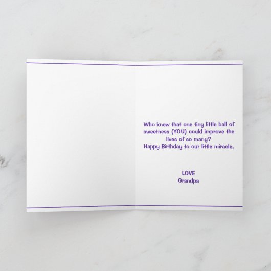 かわいい紫のTレックスディノ孫娘1歳誕生日 カード (内部)