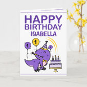 かわいい紫のTレックスディノ孫娘1歳誕生日 カード (黄色い花)