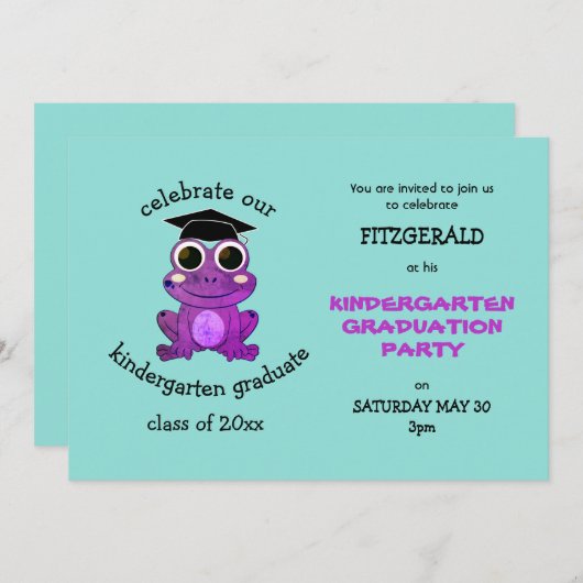 かわいい紫カエル幼稚園卒業パーティー 招待状 (正面/裏面)