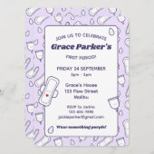 かわいい紫ガーリー月経パッド第1期パーティー 招待状 (正面/裏面)