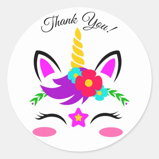 かわいい紫ピンクのユニコーン花ありがとう ラウンドシール (正面)