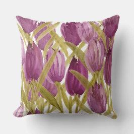 かわいい紫ピンクチューリップ水彩画 クッション