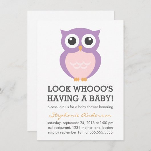 かわいい紫フクロウの女の子のベビーシャワー招待状 招待状 (正面/裏面)