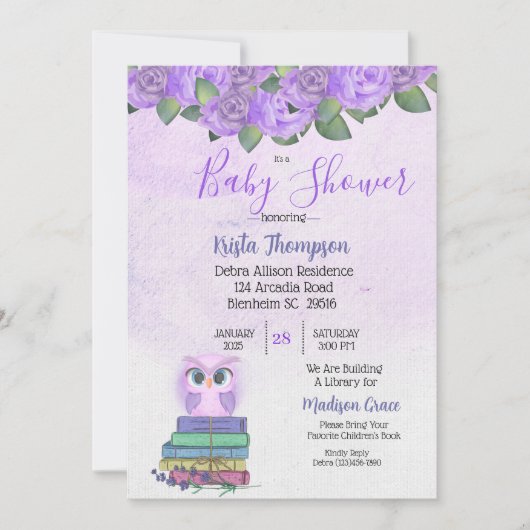 かわいい紫梟で本の赤ちゃんシャワー 招待状 (正面)