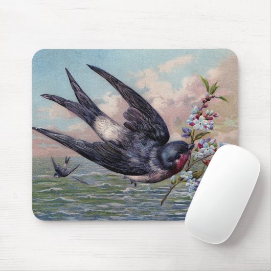 かわいい紫系統のつばめの鳥およびかわいらしい花 マウスパッド (マウス)
